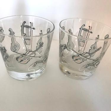 Vintage Mid Century Black and Gold Musical Instrument  glass tumblerw- Libbey-  Decal design 