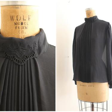 vintage 80s black blouse - high neck blouse / 80s gothic blouse - sheer goth blouse / pleated secretary blouse - Halloween blouse 