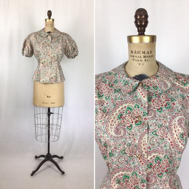 Vintage 50s blouse | Vintage red green paisley floral top | 1950s cotton short sleeve shirt 