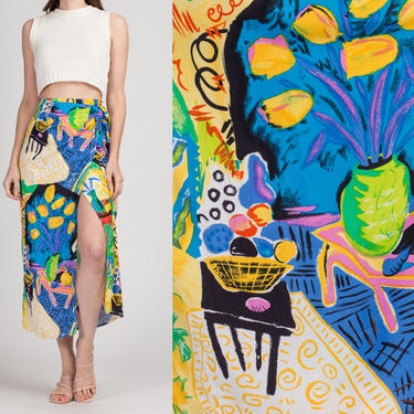 90s Big Hed Boho Sarong Wrap Skirt - Small | Vintage Painted Still Life Motif Midi Skirt 