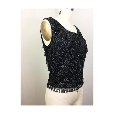 Vintage 60s Black Beaded Sequin Knit Top Party Evening Tank Shell Sweater S 