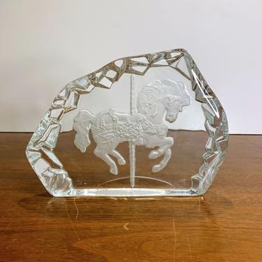Vintage Glass Carousel Horse Engraved Glass Crystal Paperweight 