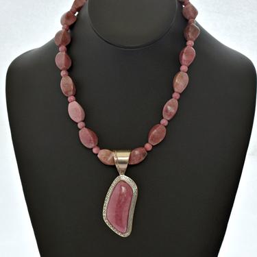 90's Jay King DTR Southwestern sterling rhodonite statement necklace, 925 silver pink stones Desert Rose Trading asymmetrical pendant 