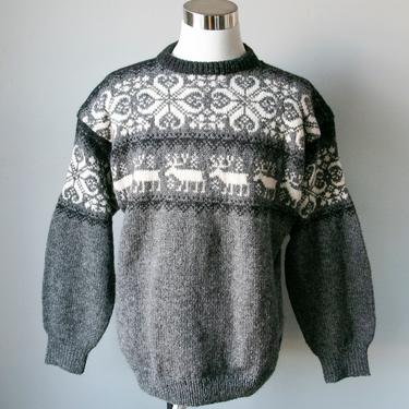 1970s Wool Sweater Reindeer Norwegian Hand Knit L 