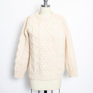 Vintage Wool Fisherman Sweater Irish Hand Knit Aran Ivory Pullover Crewneck 1970s M / S 