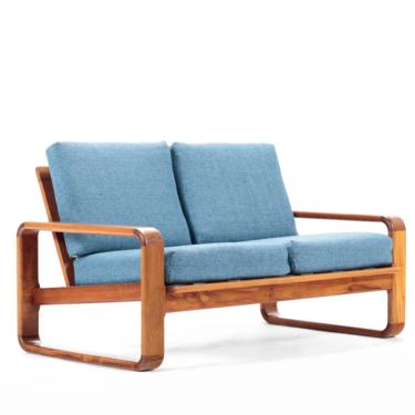 Minimalist Bentwood Teak Loveseat / Two Seat Sofa in Blue Knit Fabric 