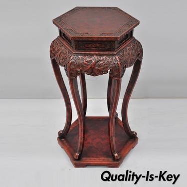 Vintage Oriental Bird Carved Red Plant Stand Pedestal Table 6 Spider Legs