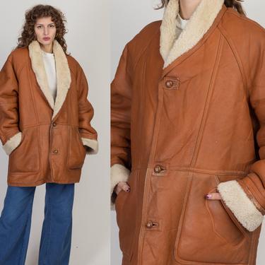 80s Walter Davoucci Leather Sherpa Coat - Men's Medium, Women's Large | Vintage Distressed Oversized Brown Button Up Long Winter Jacket 
