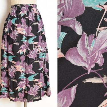 vintage 80s skirt aloha hawaiian print black purple floral high waisted midi M L clothing 