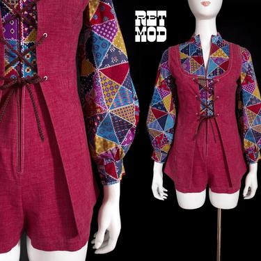 SPECTACULAR Vintage 70s Maroon Patchwork Romper with Matching Lace-Up Vest 