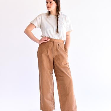 Vintage 28-31 Waist Almond Pleat Trousers | High Rise Button Fly Cotton Pants | Paperbag 