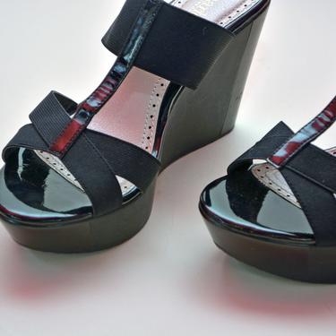vintage 90s platforms sandals black Heels 1990's MINIMALIST tall heel 1990s vegan charles david wedges 90’s shoes 7 7.5 