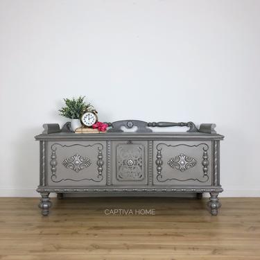 Grey Cedar Chest, Metallic Details, Neutral Decor, Antique Storage Bench, Painted Furniture, Pretty Accent Piece, Bedroom, Living Room by CaptivaHomeDecor