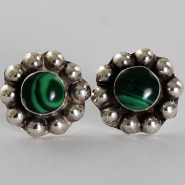 60's sterling malachite hippie flower child studs, bright green cabs 925 silver Southwestern boho floral post earrings 