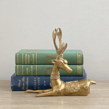 Vintage Brass Deer Figurine Resting Reclining Gold Buck Statue Fall Mantle Boho Decor 