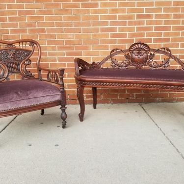 Beautiful Antique Victorian 2pc Hand-Carved Mahogany Newly Upholstered Plum Mohair Armchair and Hall Bench Early 1900s Parlor Set