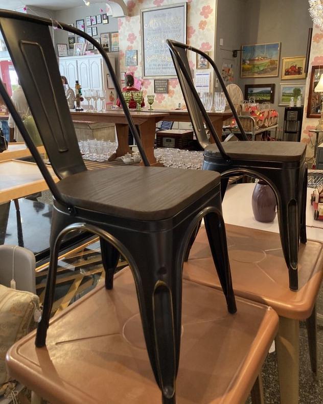 Black painted industrial chairs With wooden seats 