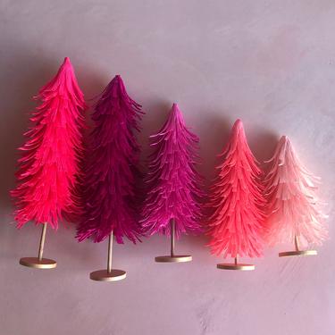 On Wednesdays We Wear Pink Bottle Brush Trees - Set of 5 - Paper Trees for Holiday Decor, Wholesale, or Weddings 