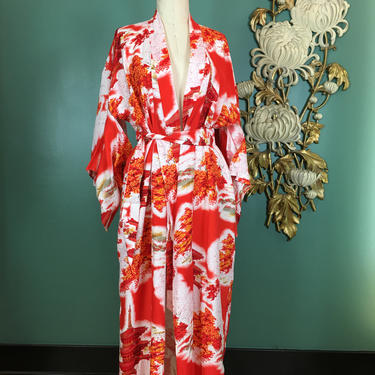 vintage robe, kimono robe, dressing gown, orange and red rayon, novelty print robe, Japanese robe, one size, flapper style, pagoda, summer 