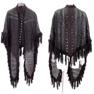 1800s Victorian black lace mourning mantle / antique mesh net fringe shawl cape 1890s 1880s 