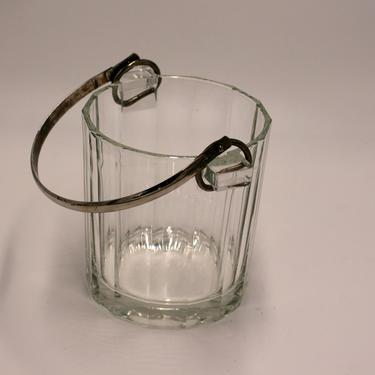 vintage glass ice bucket with silver plate handle/art deco ice bucket/paneled glass 