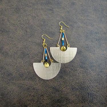 Large gold minimalist earrings, blue hematite, mid century modern Brutalist earrings, statement earrings, unique geometric earrings 