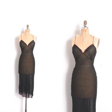 Vintage Slip / Bias Cut Sheer Silk Slipdress / Black and Coral ( S M ) 