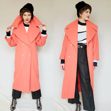 1980s Orange Wool Coat Laurel by Escade Gold Buttons / 80s Double Breasted Designer Overcoat in Bright Coral with Large Collar / Med 