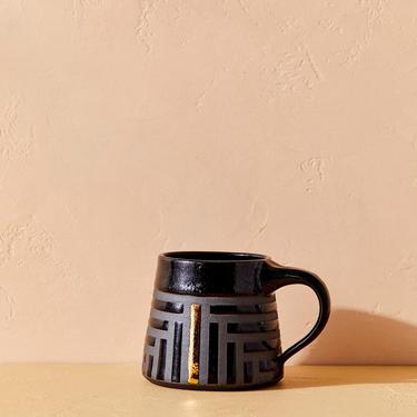 House of Harlow 1960 Creator Collab - Black on Black Striped Mug with Gold Luster, Geometric Ceramic Mug, Black and Gold Coffee Cup 