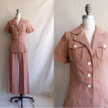 Vintage 70s Desert Rock Pant Suit/ 1970s High Waisted Wide Leg Pants and Jacket Matching Set/ Size XS 