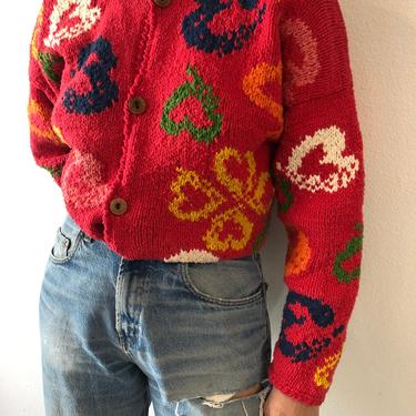 Vintage Cardigan Hand Knit Cotton Red Heart Sweater 