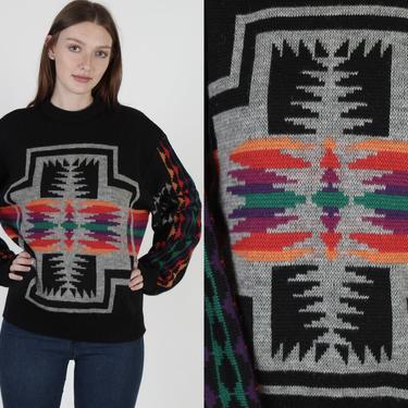 Pendleton Southwestern Sweater / Black Rainbow Knit Chief Joseph Design / Vintage 70s Native American Unisex Wool Jumper XL 
