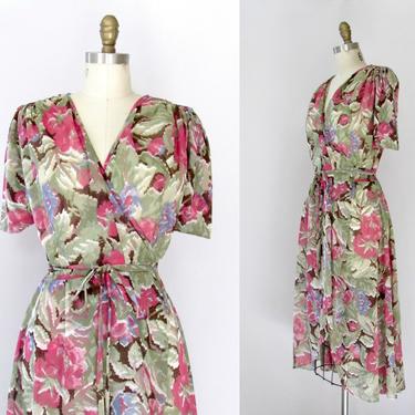 GARDEN PARTY Vintage 70s Dress | 1970s Semi Sheer Floral Rose Wrap Midi Length Dress | Flower Print, Boho, Gypsy Hippie Disco | Size Small 
