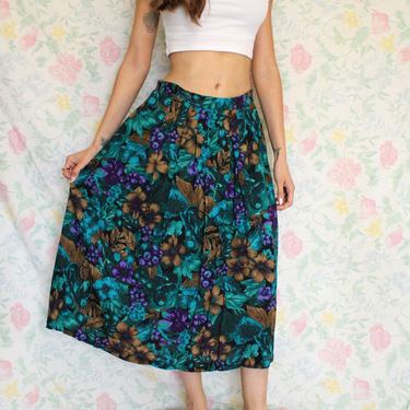 Vintage 80s Floral Skirt, Teal and Brown Floral and Berry Pattern by Random Sportswear, Size Medium 