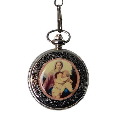 Round Shape Lady &amp; Baby Hugging Painting Chain Pocket Watch n345E 