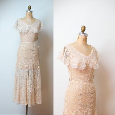 1930s Embroidered Mesh Dress / 30s Pale Peachy Pink Sheer Lace Dress 