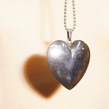 Vintage Modernist Sterling Silver Puffed Heart Pendant Necklace, Large Hollow Silver Heart, 36&quot; Ball Chain Necklace, T925S, 2 3/4&quot; L 