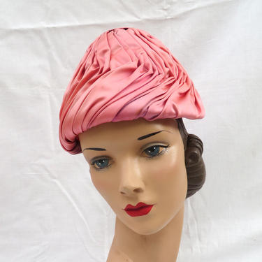 Vintage 1960's Pink Satin Turban Toque Hat Norman Durand 60's Millinery 