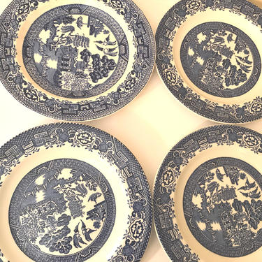 Vintage 4 PC Wood &amp; Sons England Older Blue Willow 6 3/4 &amp;quot;Bread  Butter Plate(s) 