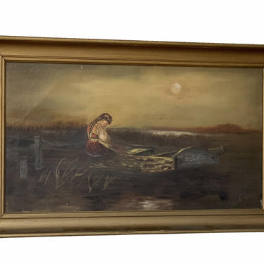 Vintage Early 1900s German Painting Wall art Decor Mid Century Modern Deco Victorian Brown Red Boat Nautical Lunar Moon Water Forest 