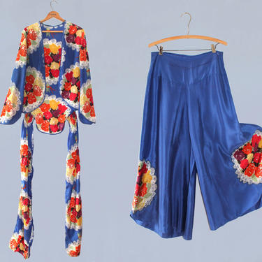 RARE! 1930s Beach Pajamas / 30s Two Piece Jacket and Wide Leg Palazzo Pants / Bright Colorful Floral / M L 