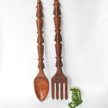 Extra Large Vintage Mid-Century Modern Hand Carved Wood Fork and Spoon 