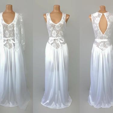 VINTAGE 80s Victorian White Sheer Chiffon and Lace Bridal Peignoir Set | 1980s Wedding Nightgown &amp; Robe | Keyhole Back | Patricia Lingerie M 