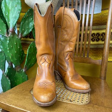 Vintage 1970s Dexter Cowboy Boots Leather Stacked Heel Western Boots Size 6.5 