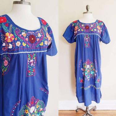 Vintage Blue Mexican Midi Dress With Floral Embroidery / Mexican Traditional Dress Hand Embroidered Short Sleeved Summer Smock / L Ola 