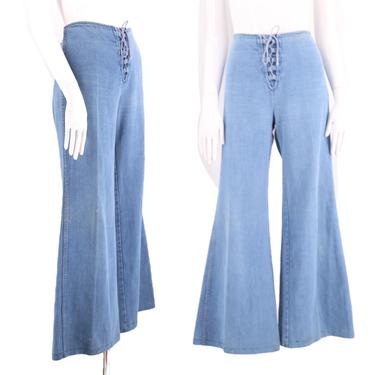 70s denim lace up hi waisted bell bottom jeans sz 32 / vintage 1970s L'amour Love N Stuff blue bells flares pants sz 8 