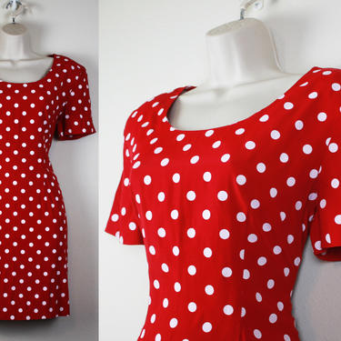 Vintage 1990s Red and White Polka Dot Dress, Size Large 