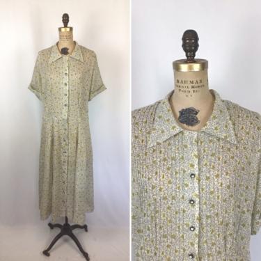 Vintage 30s dress | Vintage leaf black yellow white day dress | 1930s shirtwaist dress 