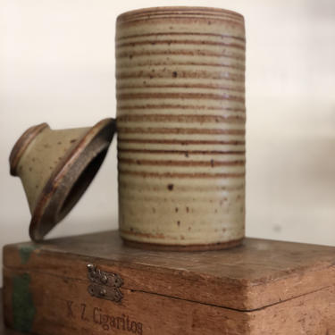 Vintage mid century modern retro pattern brown tan handmade pot Studio Ceramics 2 piece container 