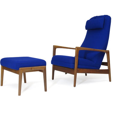 Folke Ohlsson for DUX walnut Lounge Chair in Cobalt Blue Wool